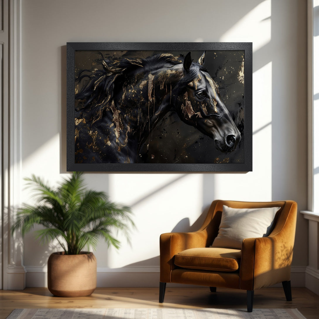 Framed Poster: Black horse art print with gold accents. Modern decor, elegant style, rich color palette. Perfect wall art for any room.