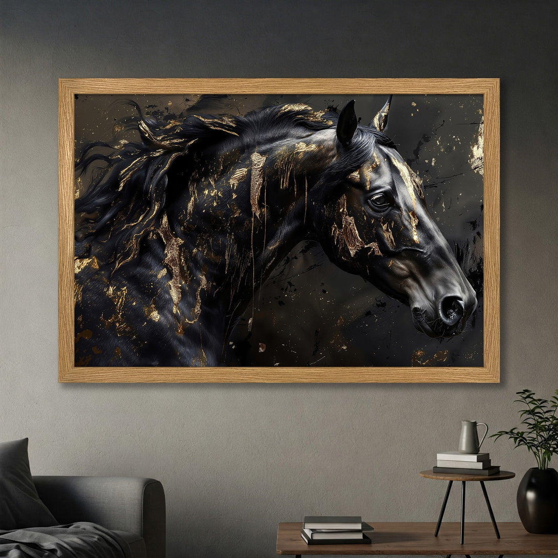 Framed Poster of a majestic black horse with gold accents. Dramatic art style, dark & gold color palette. Elevate your space with this stunning poster.