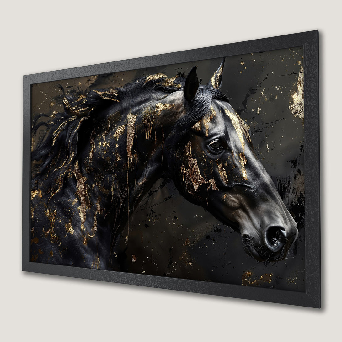 Framed Poster: Majestic black horse art with gold accents. Modern, elegant design in a black and gold color palette. Perfect wall decor.