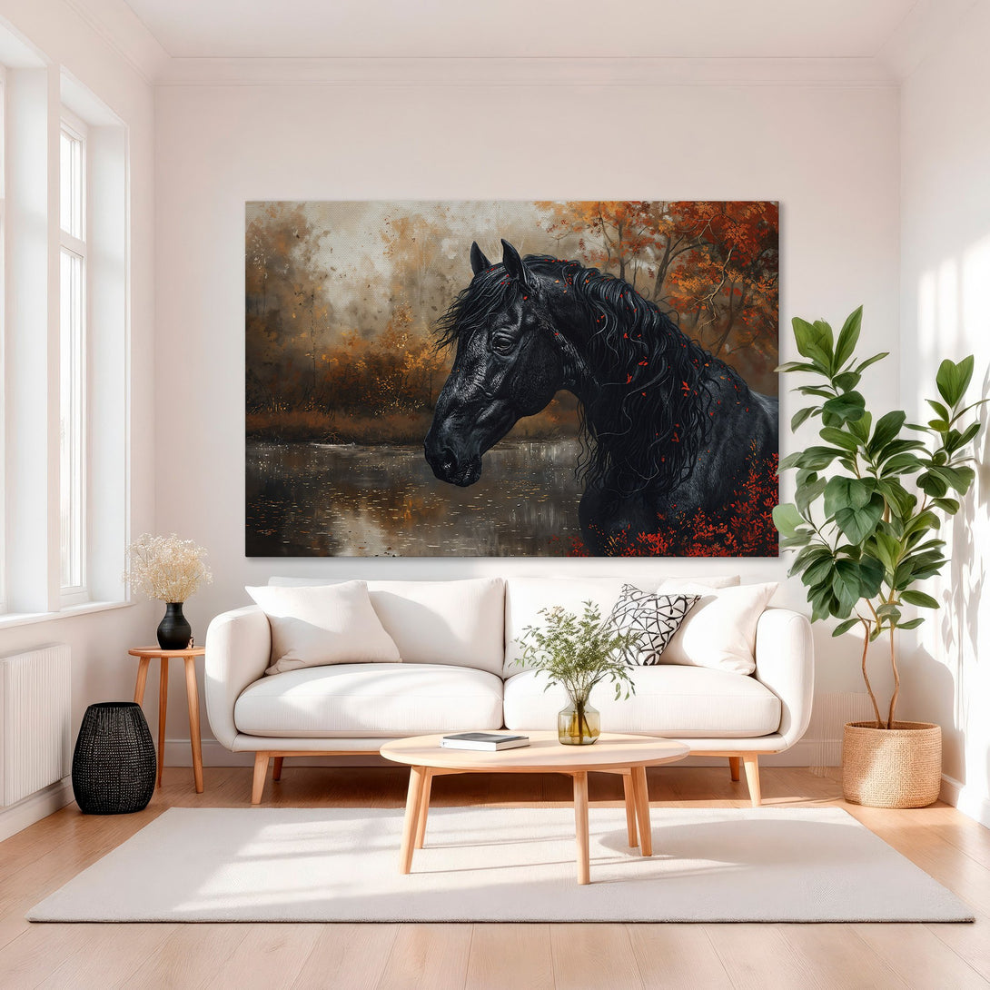 Framed Wall Art: Majestic black horse portrait with autumn color palette. Elegant canvas print for living room decor.