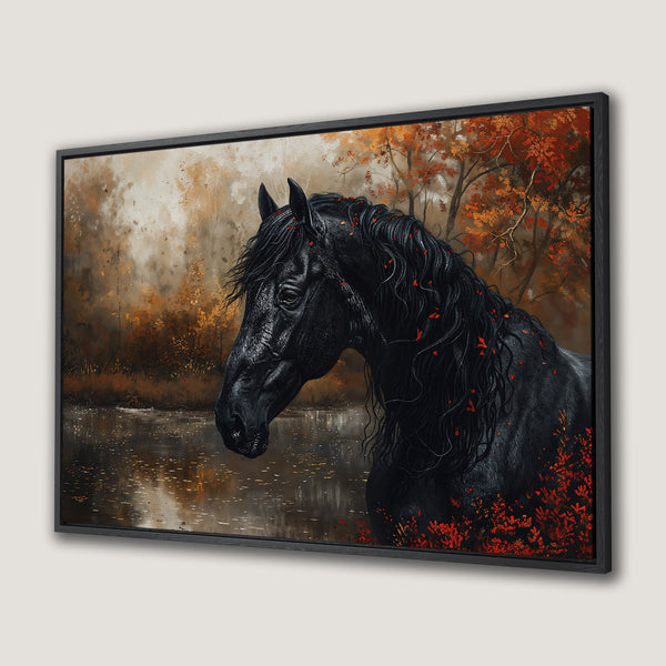 Framed Wall Art: Majestic black horse in an autumn landscape. Warm, earthy tones with pops of red. Perfect for adding elegance to your space.