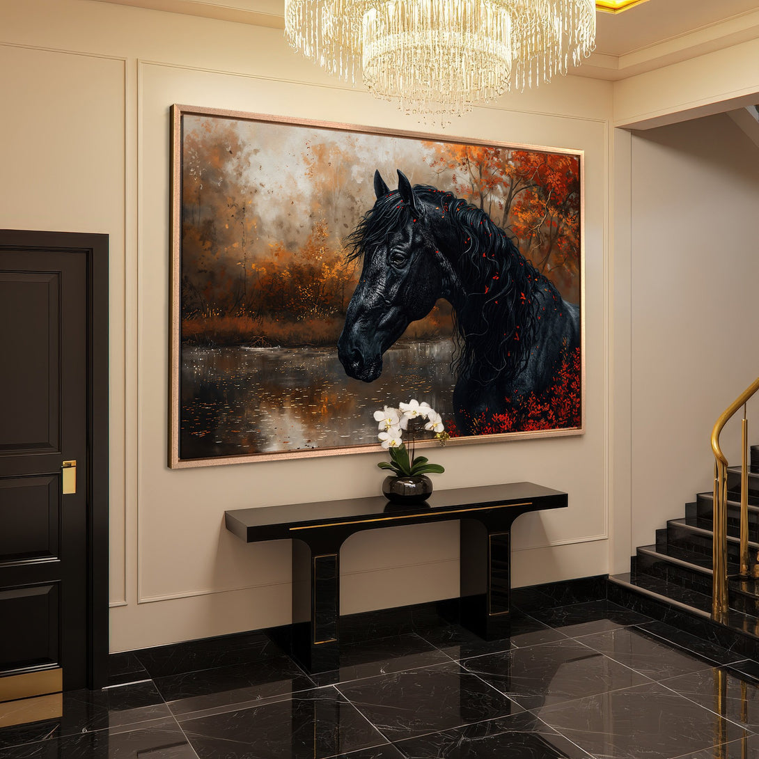 Framed Wall Art: Majestic black horse Canvas Print in warm autumn tones. Perfect for elegant home decor.