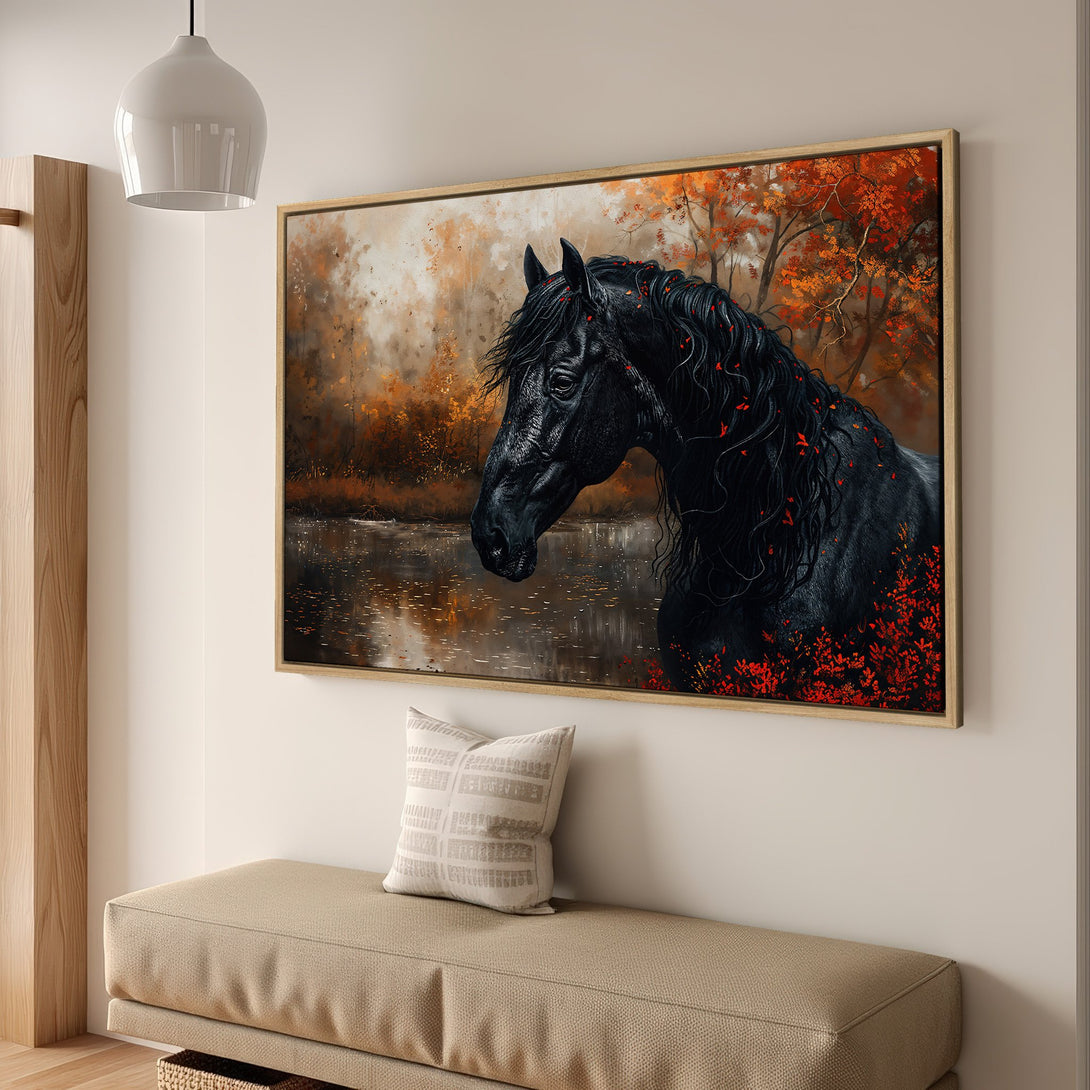 Framed Wall Art: Majestic black horse painting in autumn colors. Stunning canvas print with warm orange & red tones, perfect for any home decor.