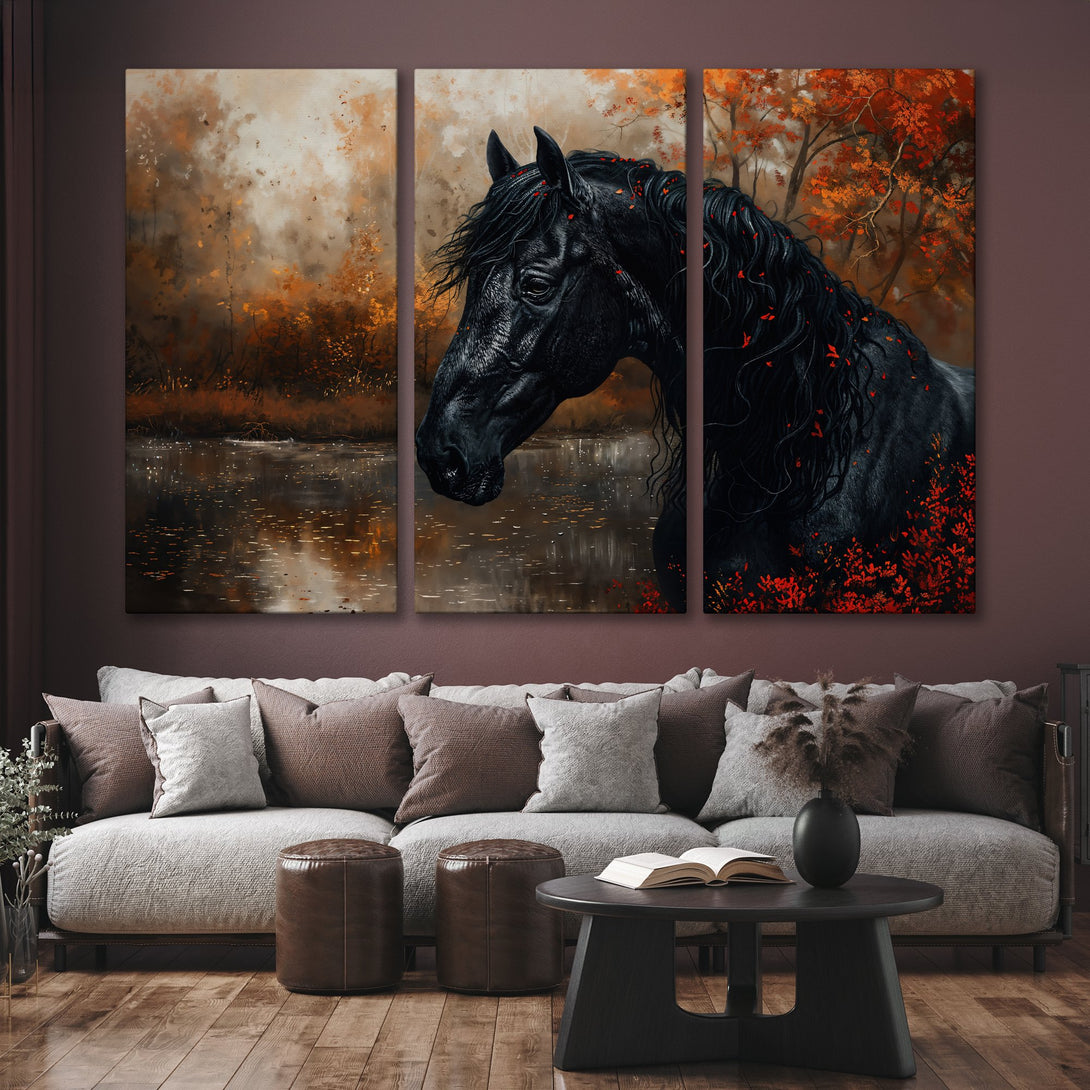 Canvas Print featuring a majestic black horse in an autumnal scene. Warm, earthy tones with pops of red create a stunning focal point for any space.