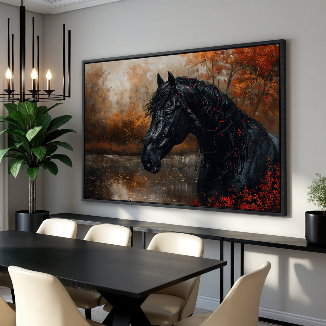 Framed Wall Art: Majestic black horse art print with warm autumn tones. Perfect for adding elegance and style to any room. Shop now!