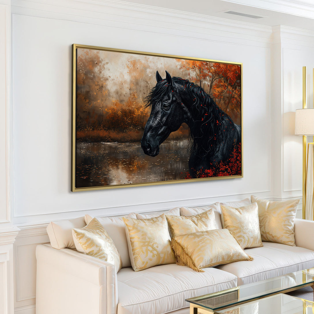 Canvas Print of a majestic black horse in an autumn landscape, warm tones of orange and brown, perfect for living room decor.