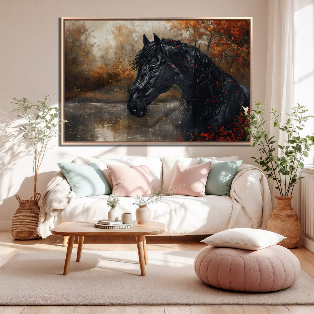 Framed Wall Art: Majestic black horse painting in warm autumn tones. Stunning home decor featuring a beautiful equine art piece. Enhance your living space!
