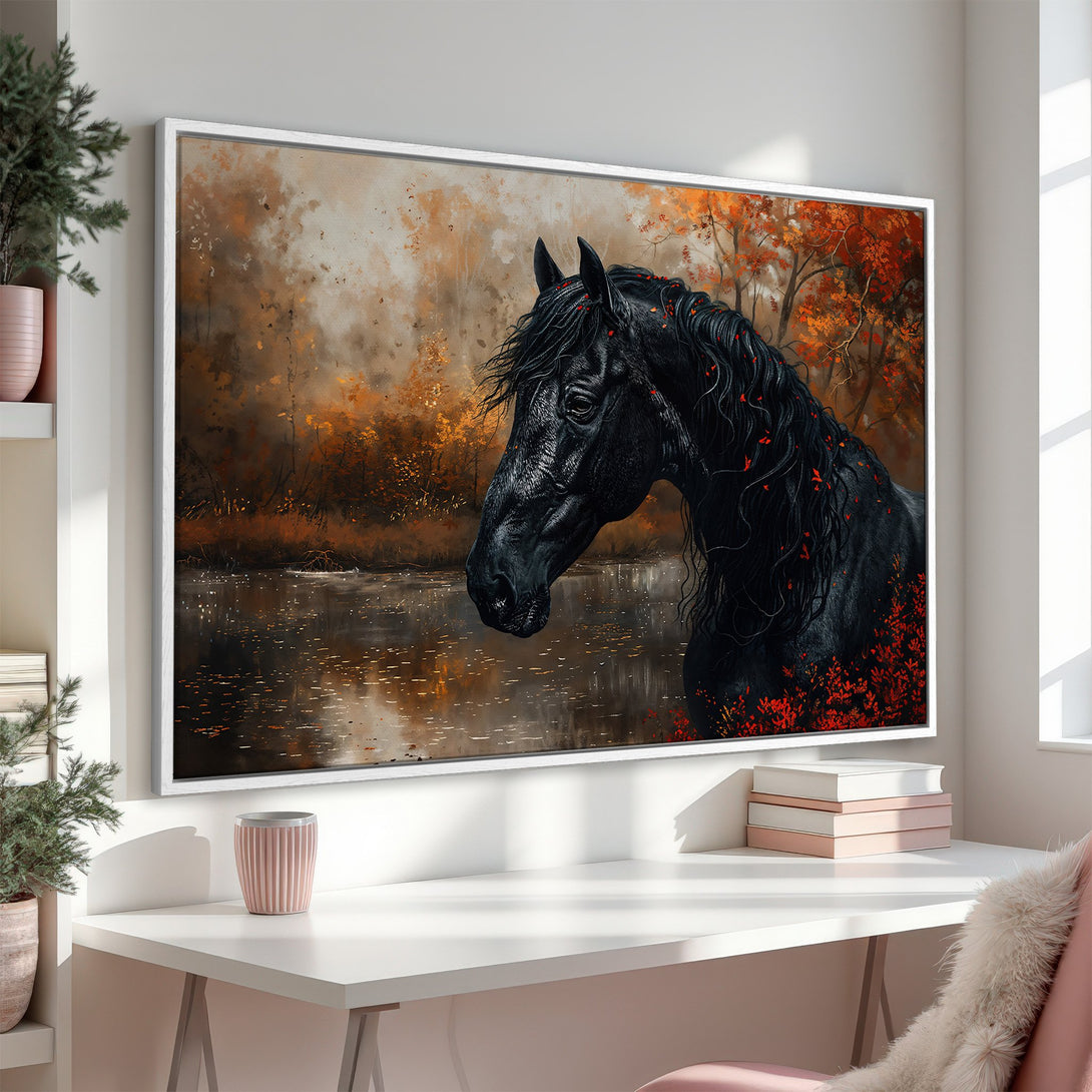 Framed Wall Art featuring a majestic black horse in an autumnal landscape. Warm, earthy tones with pops of red create a stunning canvas print.
