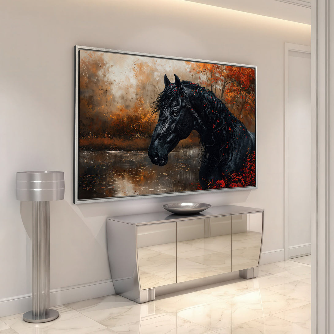 Framed Wall Art: Majestic black horse painting in warm autumn tones. Stunning canvas print adds elegance to any space. Shop now for art that inspires!
