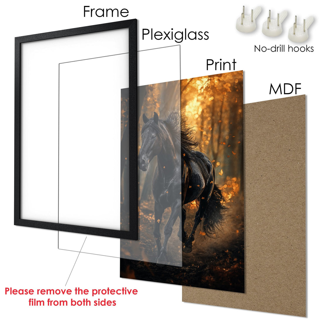 Framed Poster featuring a black horse running through a golden forest. Dramatic, nature-inspired art with warm color palette. Ready to hang!