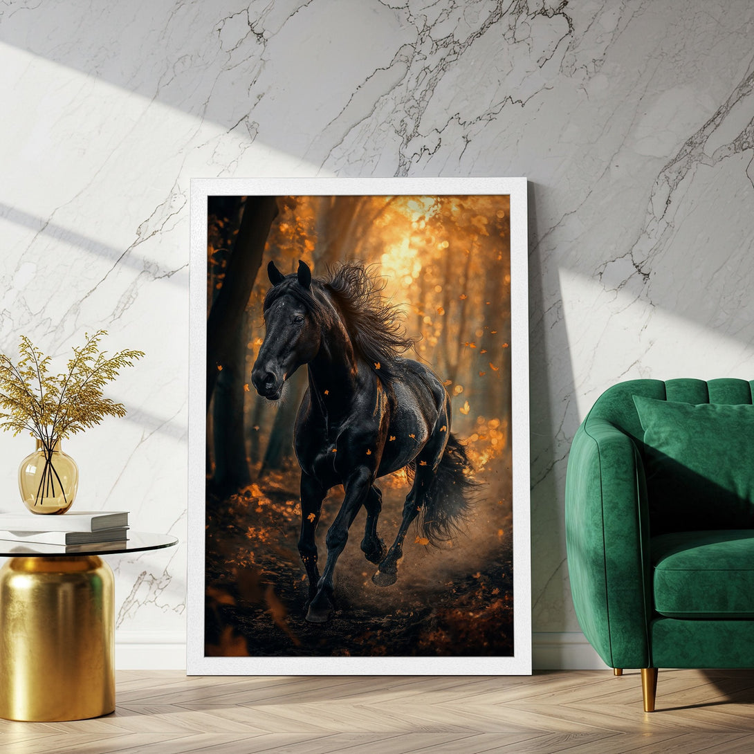 Framed Poster featuring a majestic black horse running through an autumn forest. Warm, earthy tones create a stunning art piece.