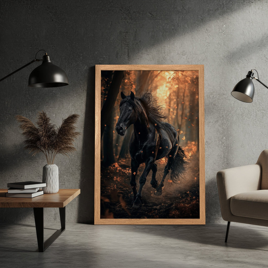 Framed Poster featuring a majestic black horse in a forest. Warm, autumnal color palette. Perfect wall art for your home!