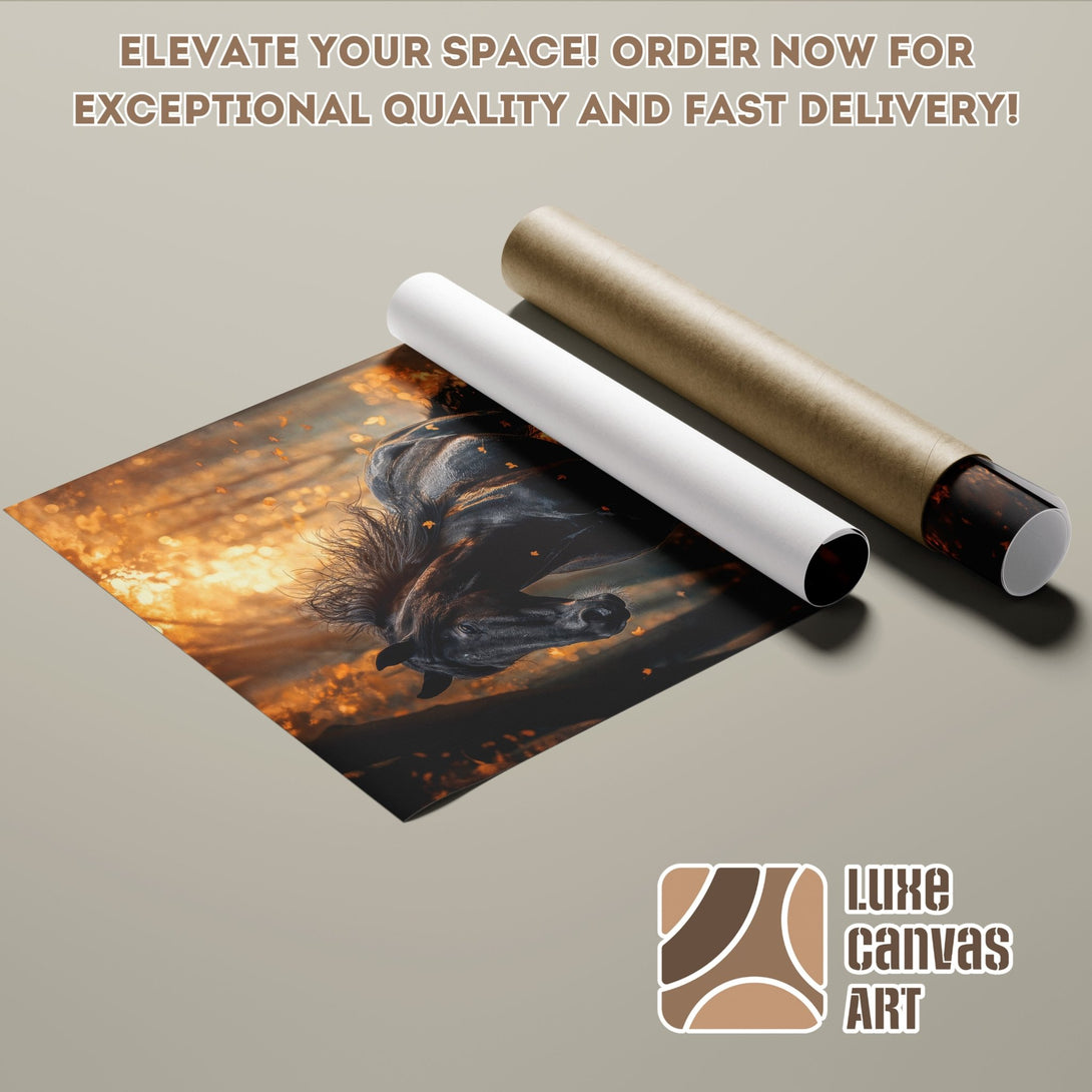 Poster Roll featuring a majestic black horse in a warm, sunset-toned art print. Elevate your space with this stunning wall art!