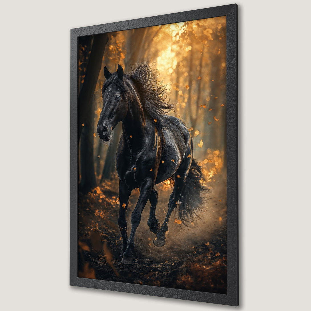 Framed Poster of a majestic black horse running through a golden autumn forest. Stunning art print with warm, earthy tones.