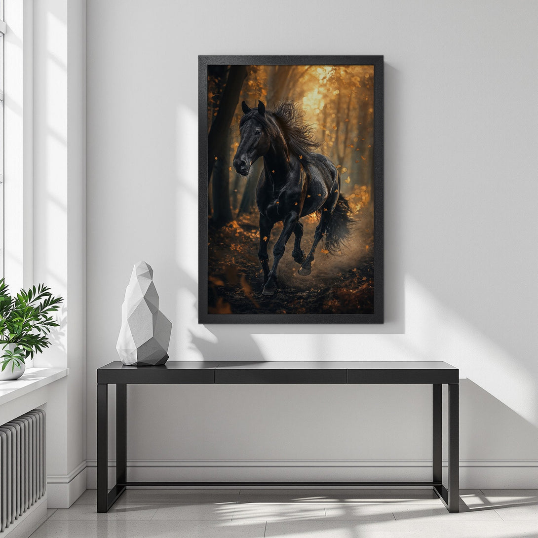 Framed Poster of a black horse running through a golden forest. Dramatic art print with warm color palette, perfect for home decor.