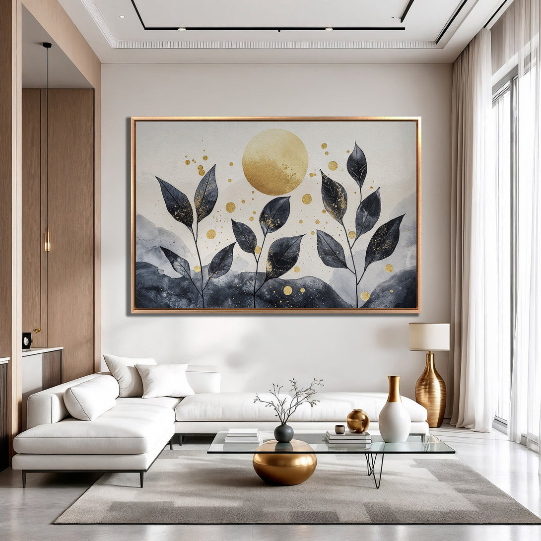 Framed Wall Art: Abstract botanical print in gold, navy, and neutral tones. Modern art for a stylish living room.