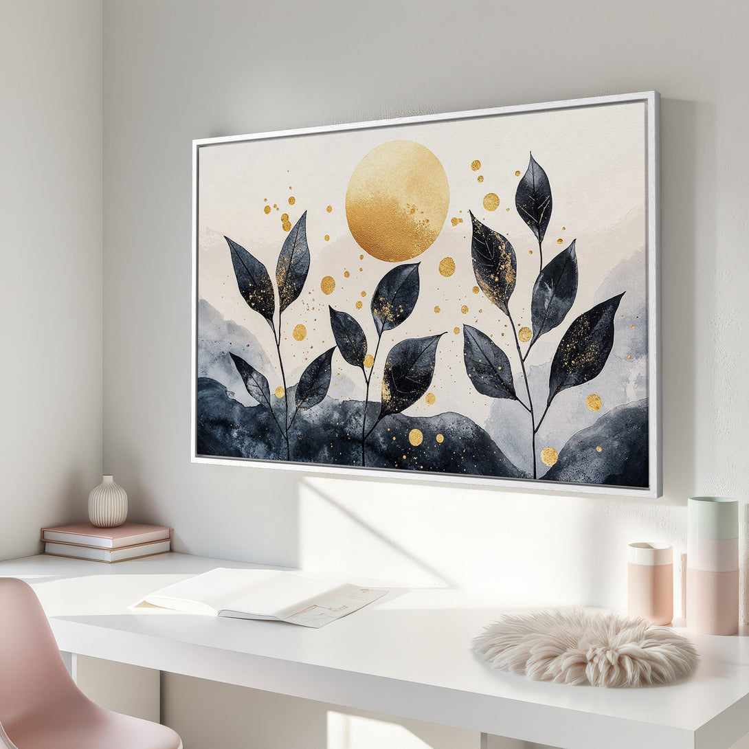 Framed Wall Art featuring watercolor leaves and gold accents. Modern botanical print in a neutral, elegant color palette.