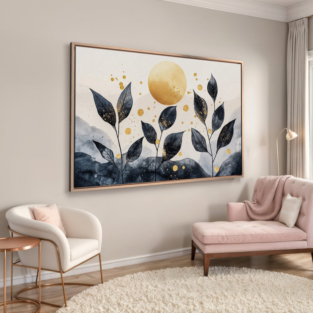 Framed Wall Art: Abstract botanical art in navy, gold, and beige tones. Modern canvas print adds elegance to any interior. Shop now for stylish home decor!