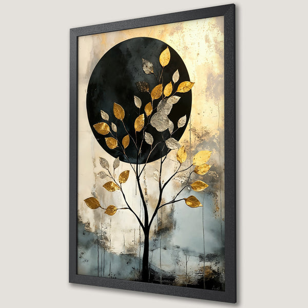 Framed Poster featuring an abstract tree with gold and silver leaves, set against a black circle, with a neutral and gold color palette.