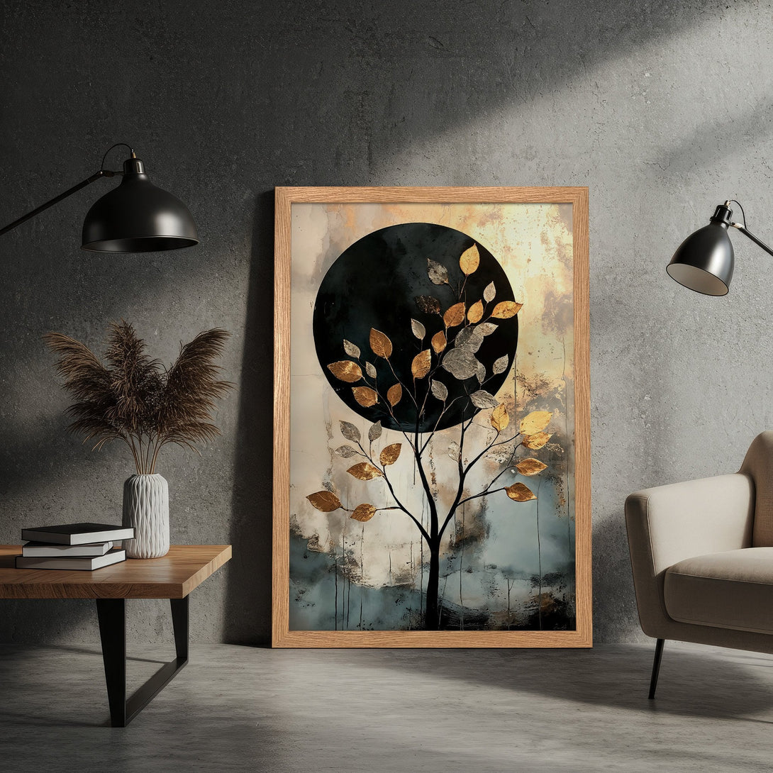 Framed Poster featuring an abstract tree with gold leaves, modern style, neutral color palette. Perfect wall art!