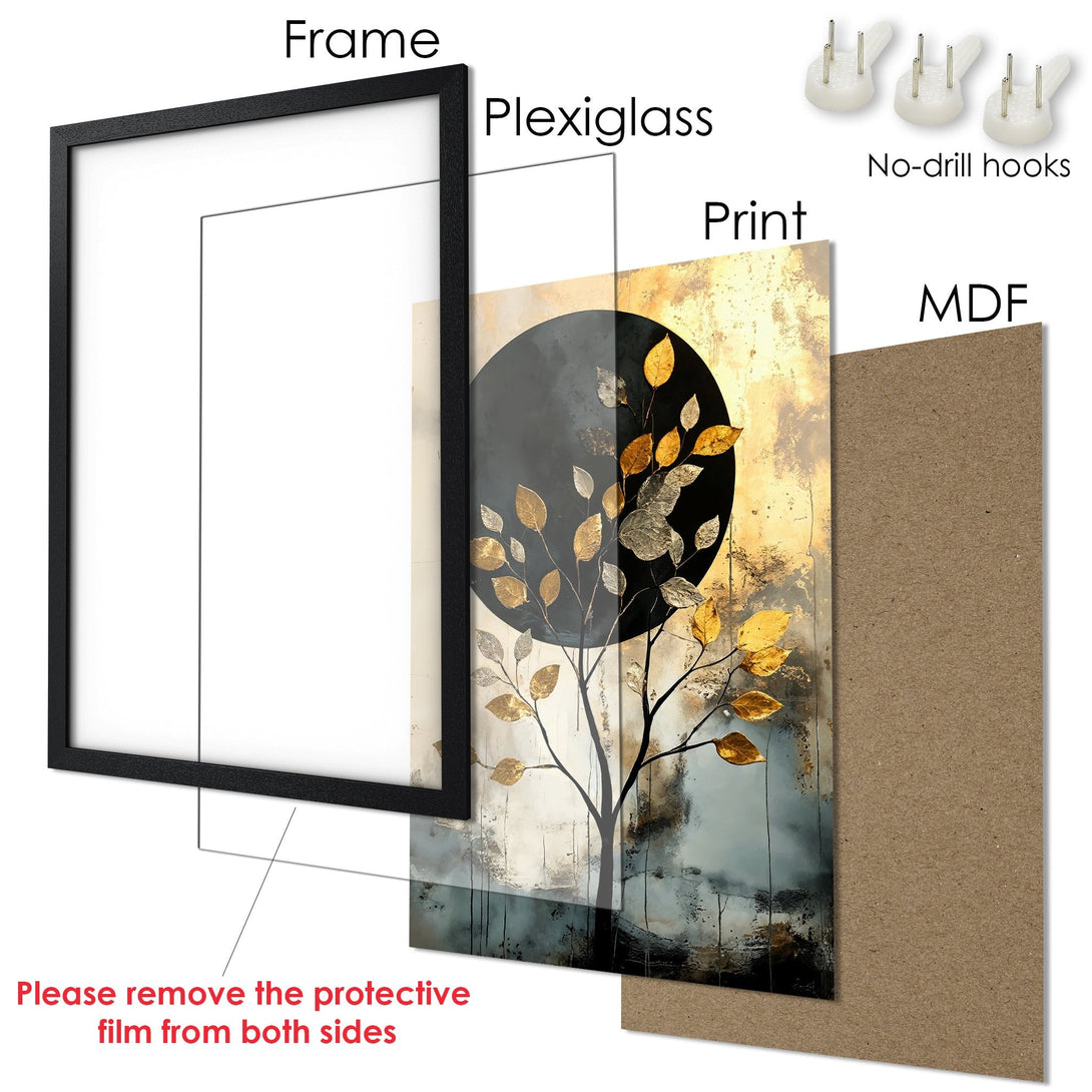 Framed Poster featuring a tree with gold leaves, abstract style, and a neutral color palette. Perfect wall art for your home!