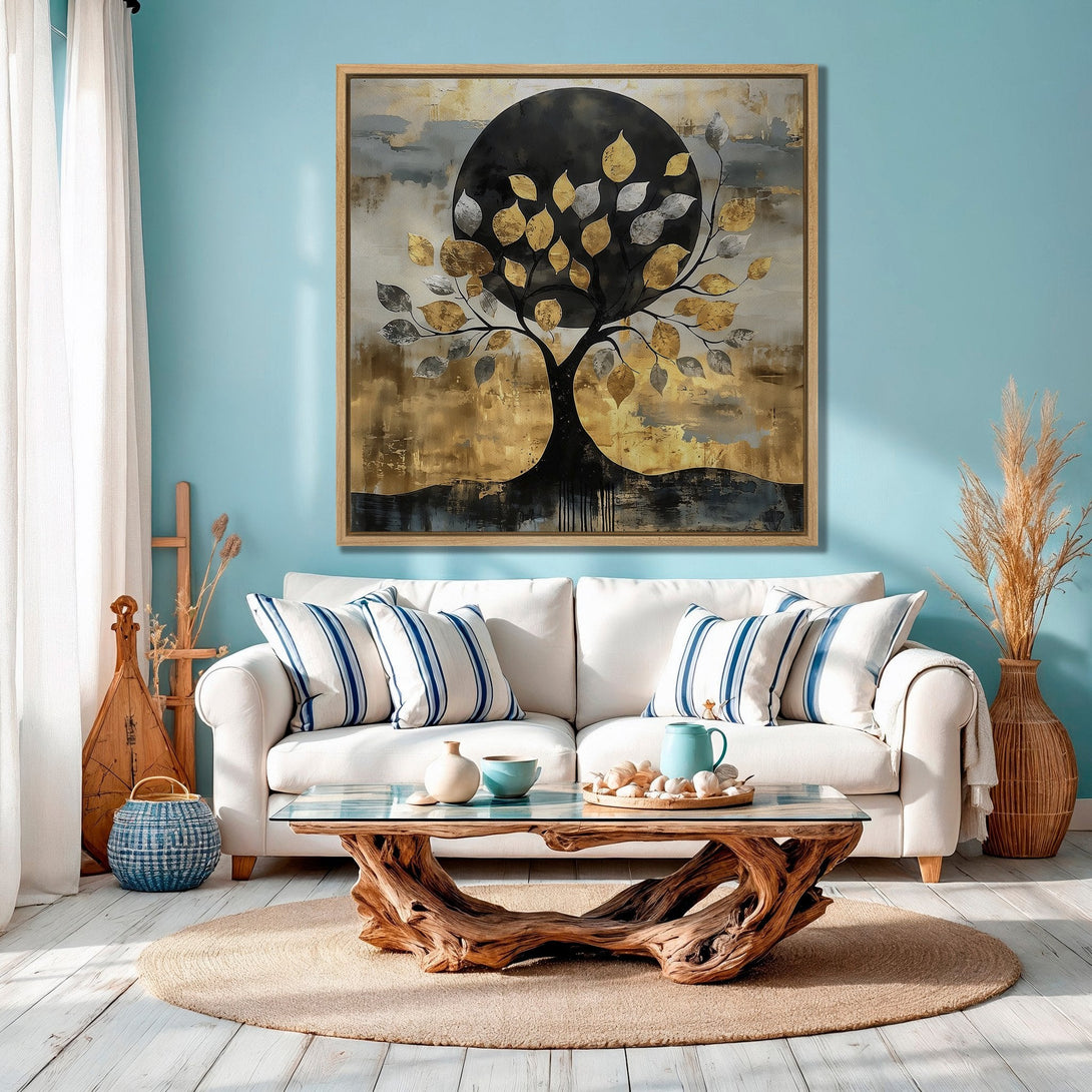 Framed Wall Art featuring an abstract tree with gold and silver leaves. Modern art with a neutral and gold color palette, perfect for home decor.