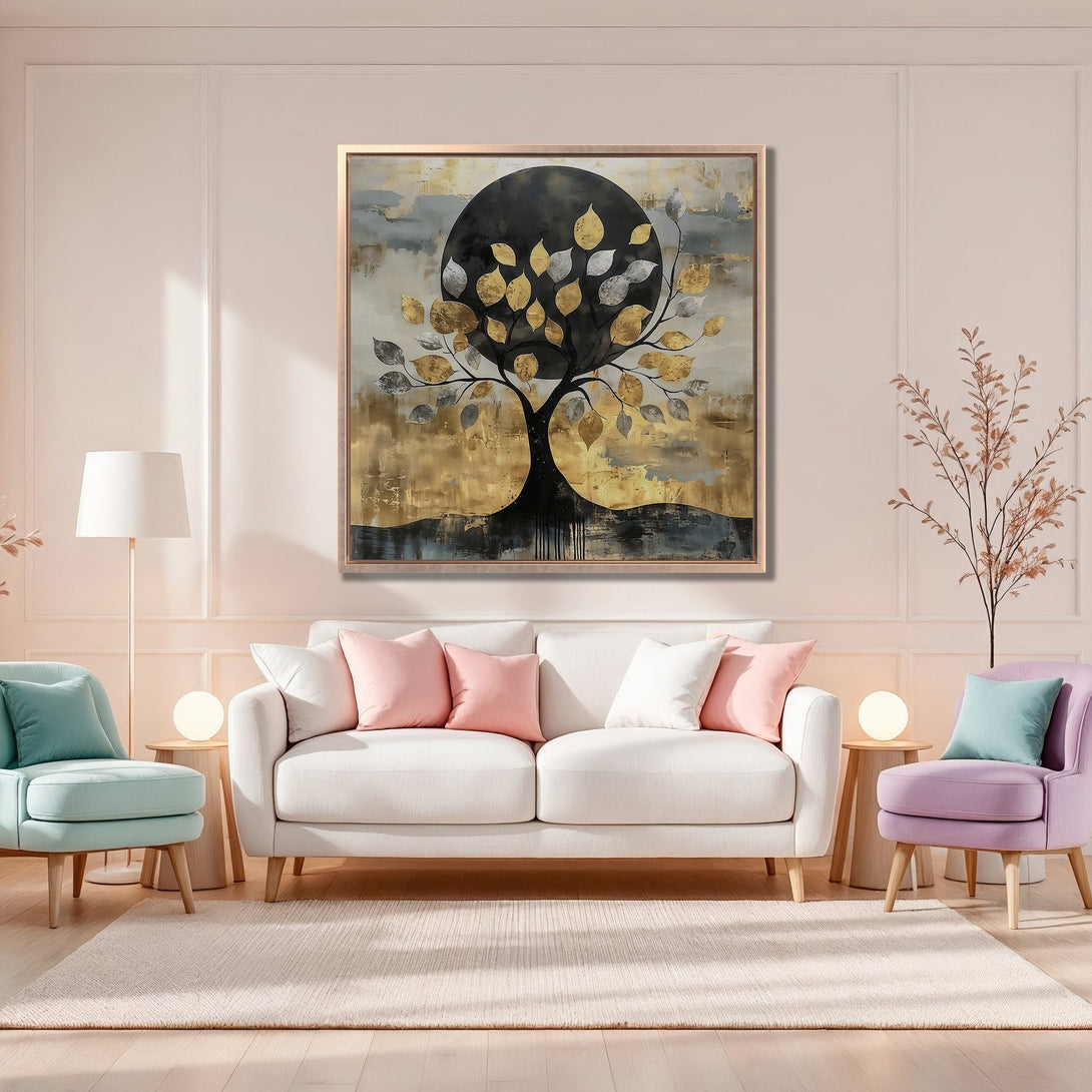 Framed Wall Art: Abstract tree art in gold, black, and gray tones. Modern canvas print adds a touch of elegance to any living room with its neutral color palette.