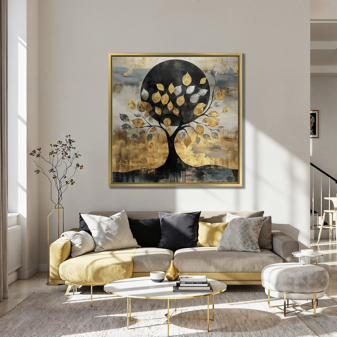 Abstract tree Canvas Print in gold, silver, and black. Modern art with a touch of elegance. Perfect for living room decor.