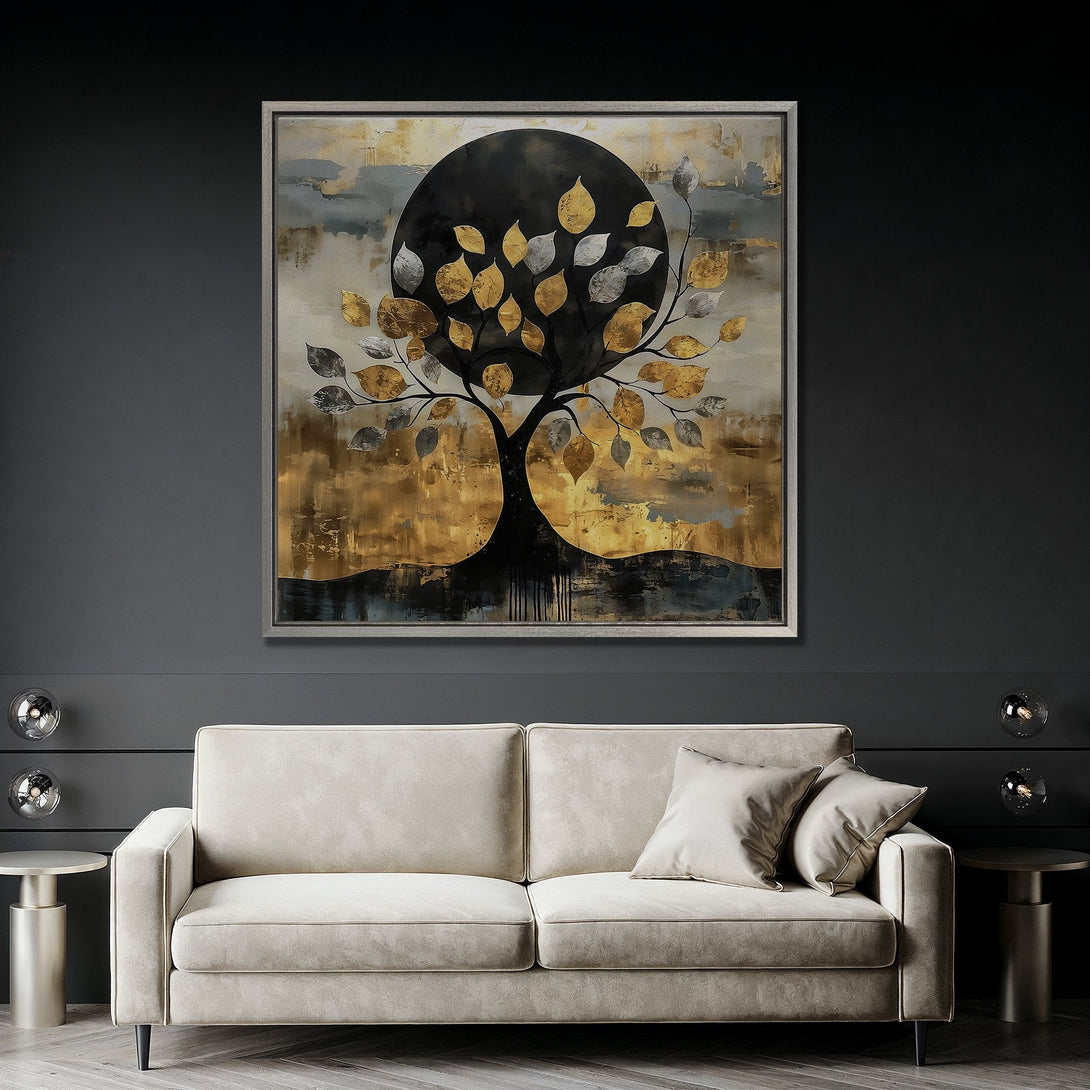 Framed Wall Art: Abstract tree art with gold, silver, and black leaves. Modern canvas print adds a touch of elegance to any room.
