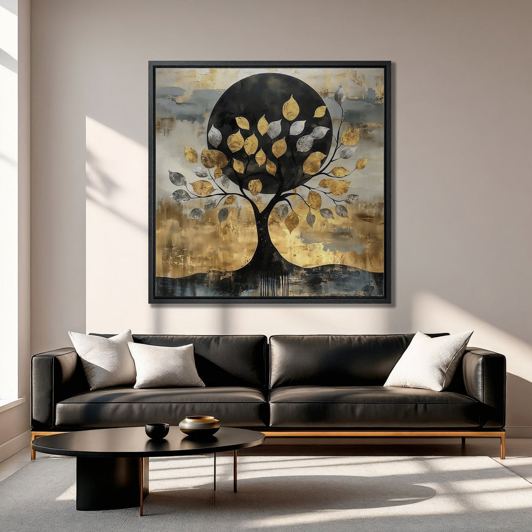 Framed Wall Art: Abstract tree art in gold, silver, and black. Modern Canvas Print adds a touch of elegance to any living room. Shop now!