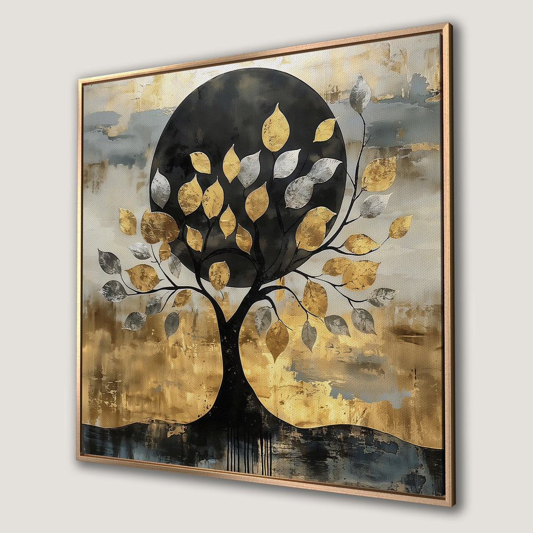 Framed Wall Art featuring an abstract tree with gold and silver leaves. Modern art with a gold and black color palette, perfect for home decor.