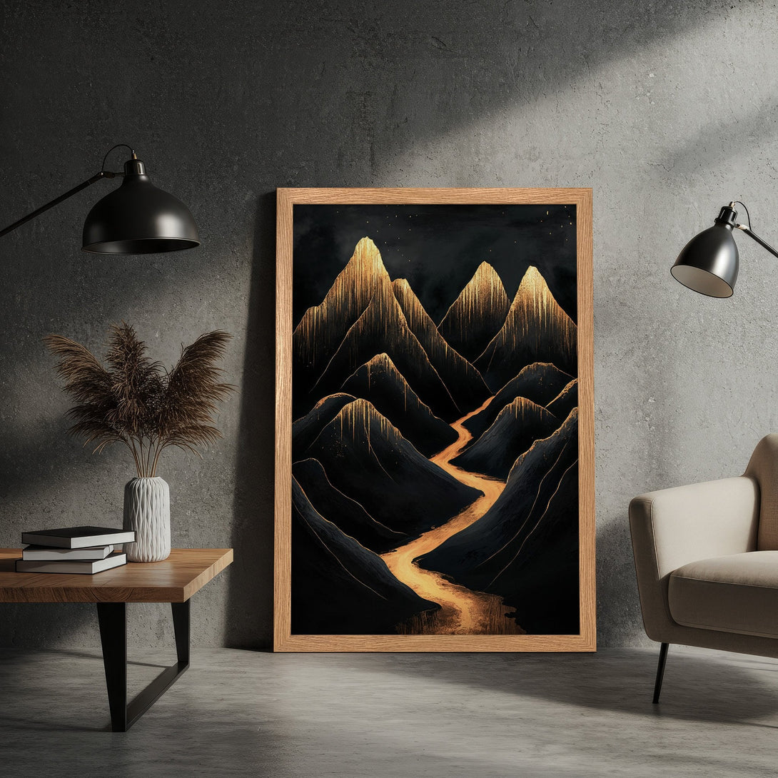 Framed Poster featuring abstract mountain landscape art in black and gold. Modern style, perfect for home decor.