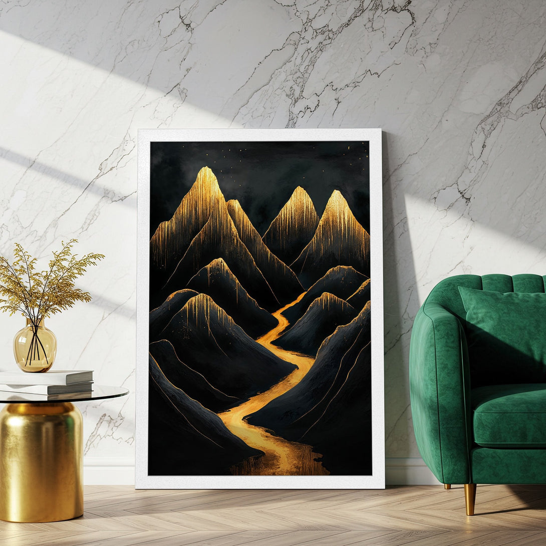 Framed Poster featuring an abstract mountain landscape in black and gold, stylish art print for modern decor.
