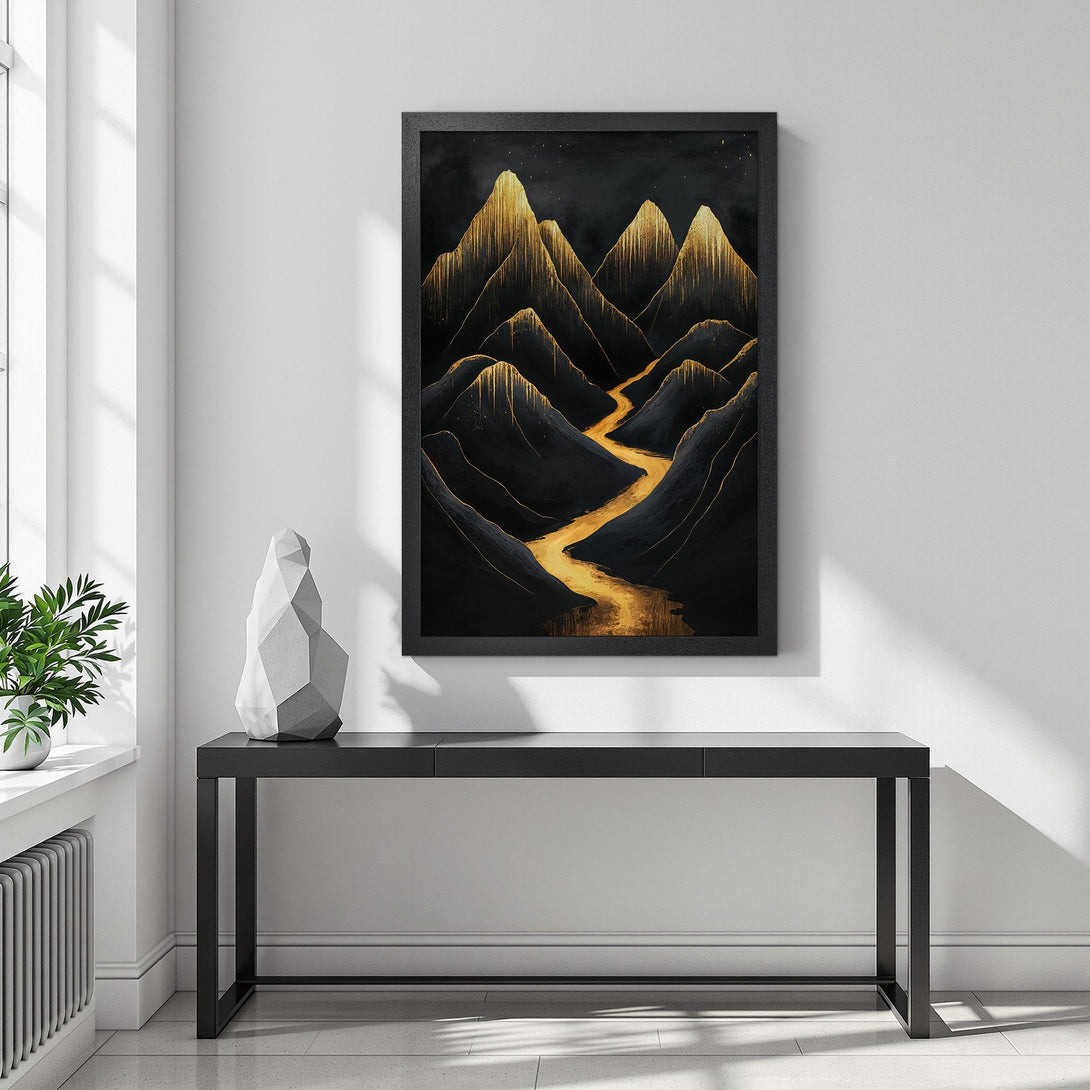 Framed Poster featuring a stylized mountain landscape in black and gold. Modern art print for your home.