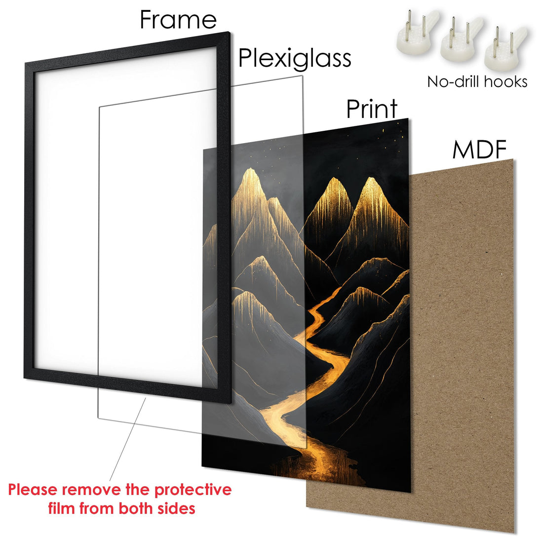 Framed Poster featuring abstract mountain landscape art in black and gold. Modern wall decor.