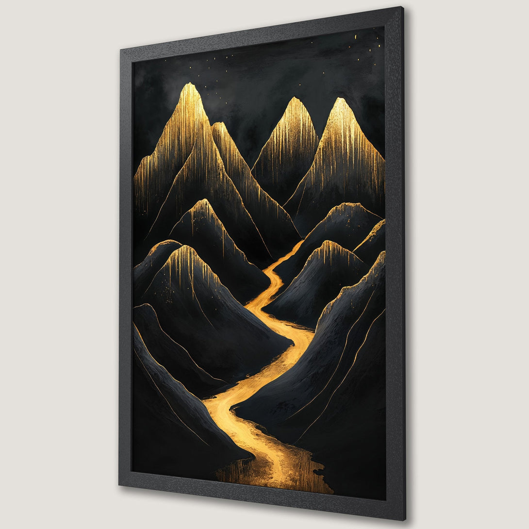 Framed Poster featuring a stunning gold and black mountain landscape art print. Modern abstract style with a luxurious color palette. Perfect wall decor.
