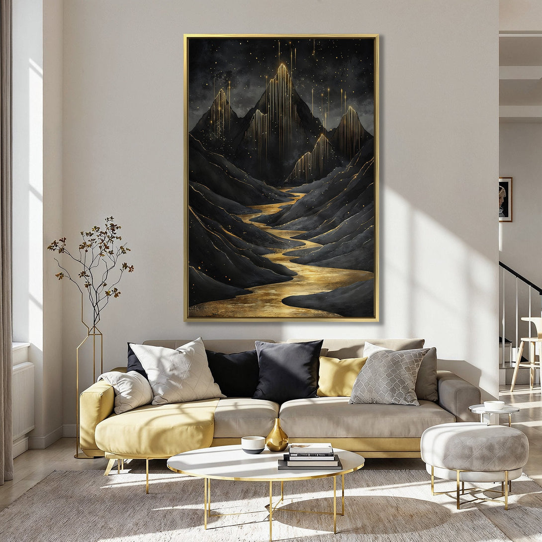 Canvas Print featuring a dramatic mountain landscape in black and gold, adding a touch of elegance to any room.