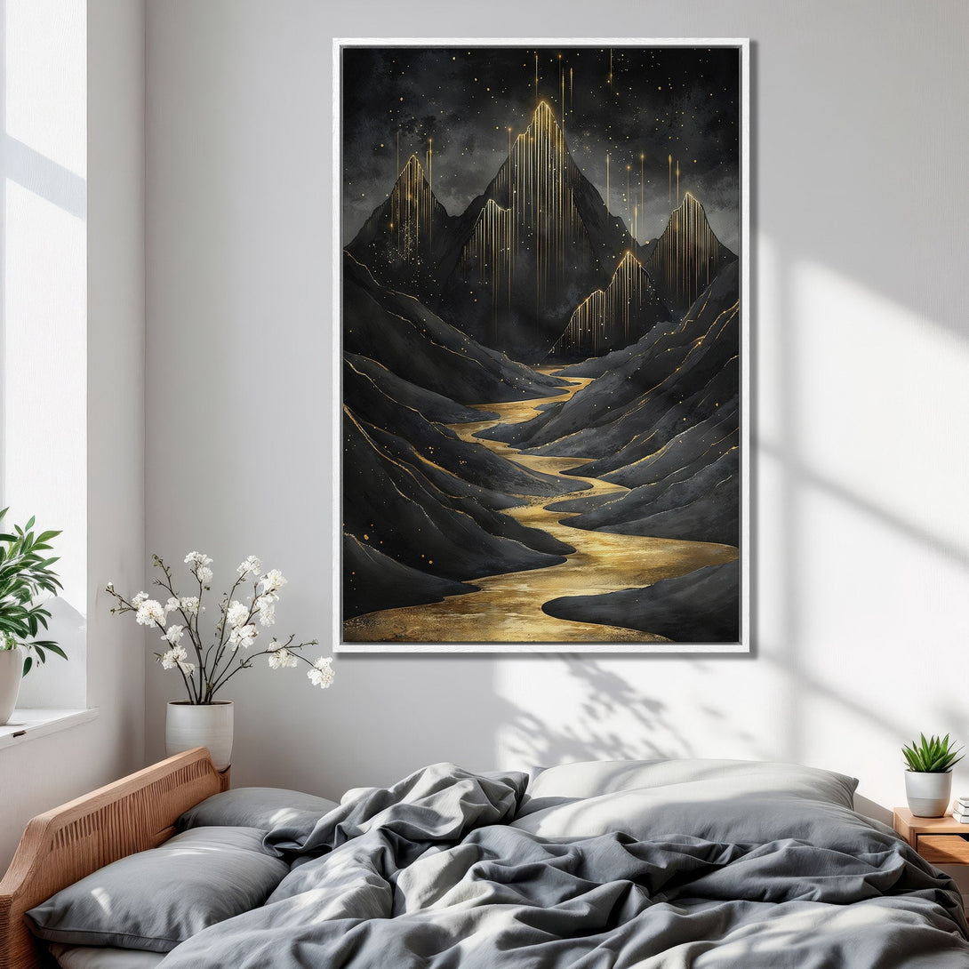 Framed Wall Art: Abstract mountain landscape in black & gold. Modern art Canvas Print adds elegance to any room. Shop now for stunning wall decor!