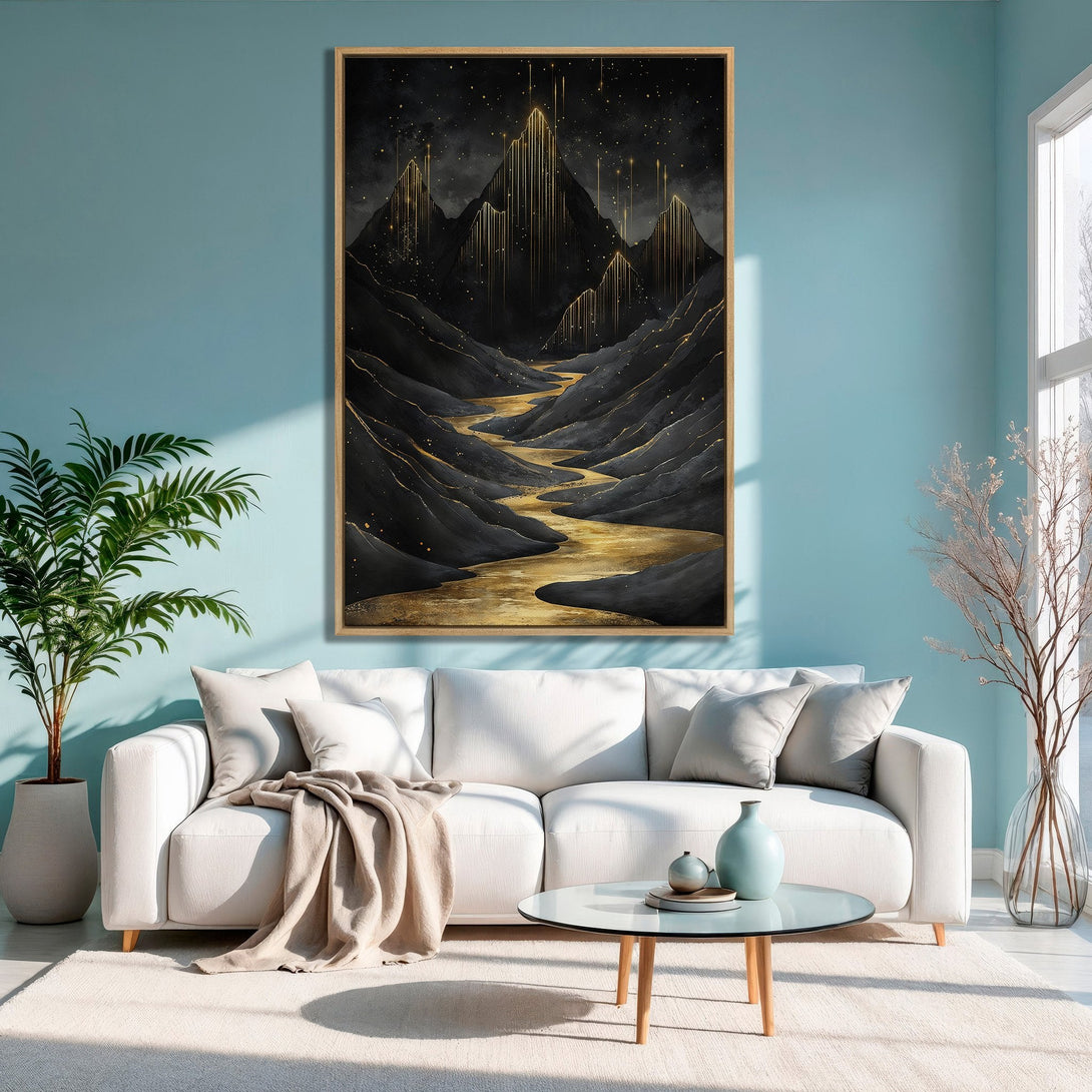 Framed Wall Art: Abstract mountain landscape in black and gold. Modern art print with a luxurious color palette, perfect for living room decor.