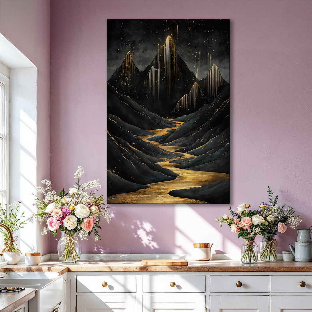 Framed Wall Art: Abstract mountain landscape in black & gold. Modern art canvas print adds luxury and style to any interior. Shop now!