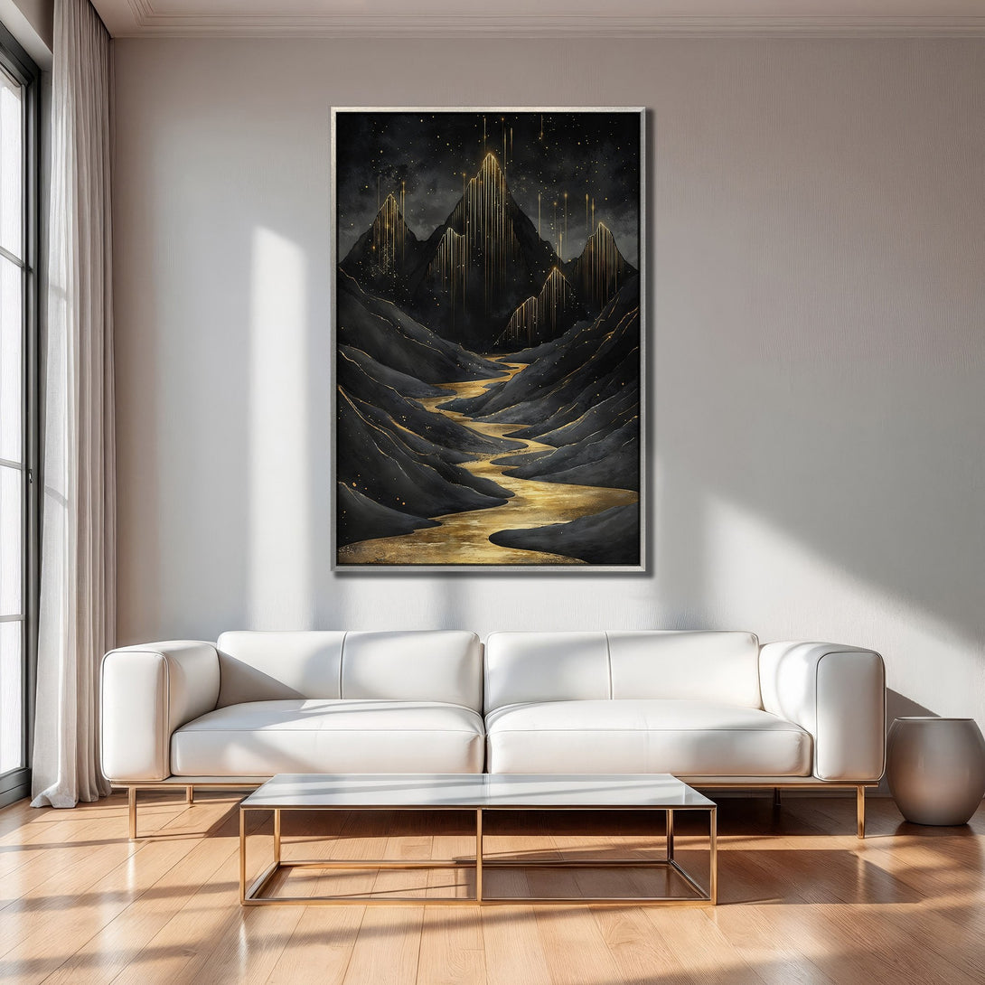 Framed Wall Art: Abstract mountain landscape in black, gold, and gray tones. Modern art for living room decor.