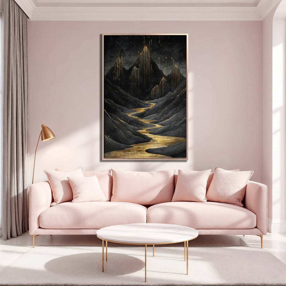 Framed Wall Art: Abstract mountain landscape in black and gold. Modern canvas print with a luxurious gold and neutral color palette, perfect for living room decor.