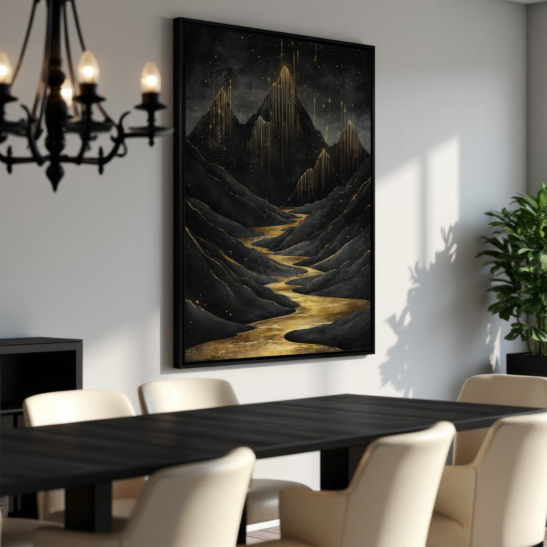 Framed Wall Art: Abstract mountain landscape in black and gold. Modern Canvas Print with a luxurious, elegant aesthetic. Perfect for dining room decor.