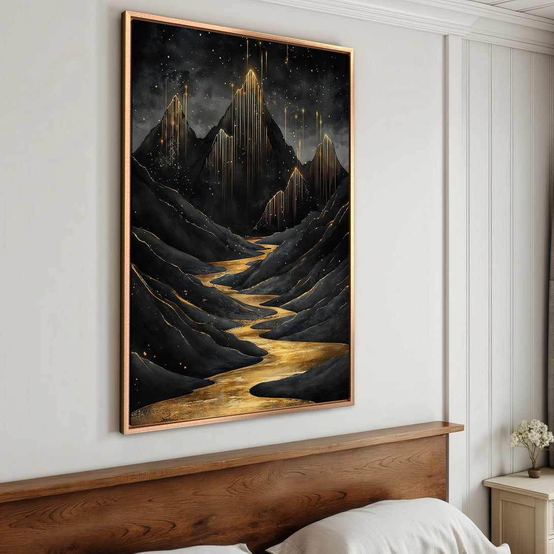 Framed Wall Art: Abstract mountain landscape in black and gold. Modern art canvas print with a luxurious, elegant style. Perfect for bedroom decor.