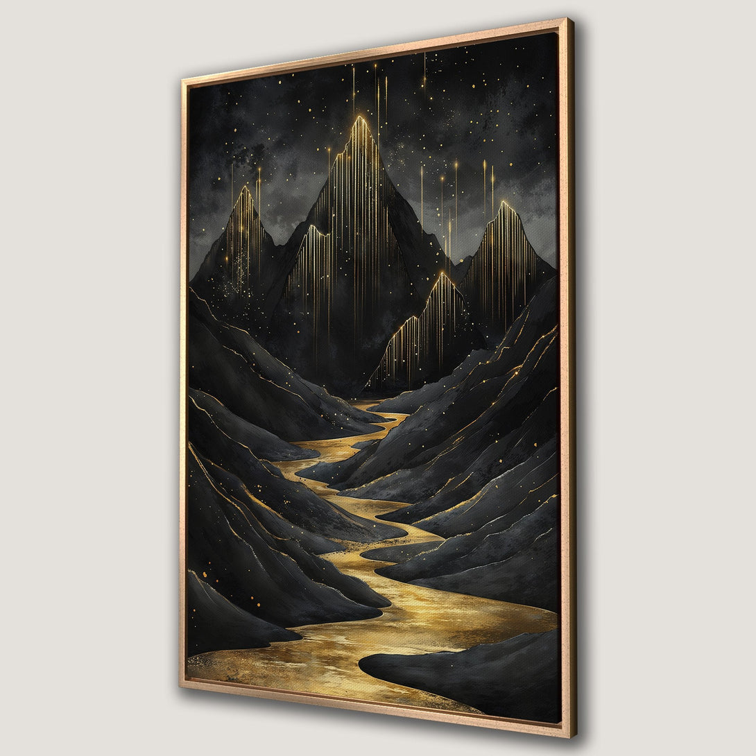 Framed Wall Art featuring a stunning landscape of mountains and a river in a dark, artistic style with a gold and black color palette. Perfect for modern decor.