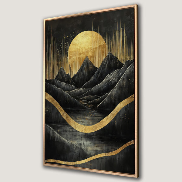 Framed Wall Art: Abstract landscape with mountains, sun, and gold accents. Modern art in black and gold color palette. Elevate your space!