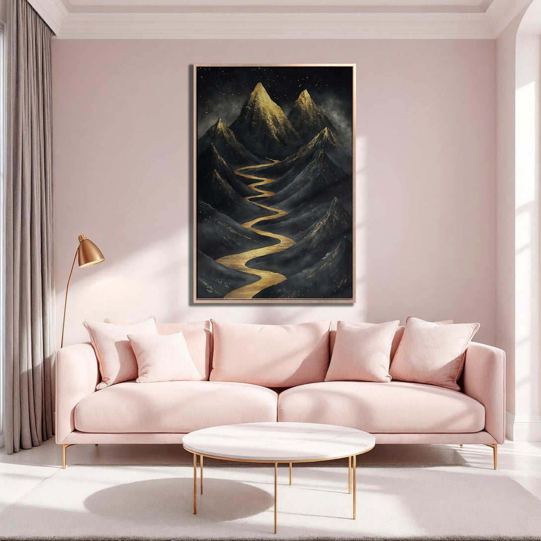 Framed Wall Art: Abstract mountain landscape in gold and black. Modern art print with a luxurious, elegant aesthetic. Perfect for living room decor.