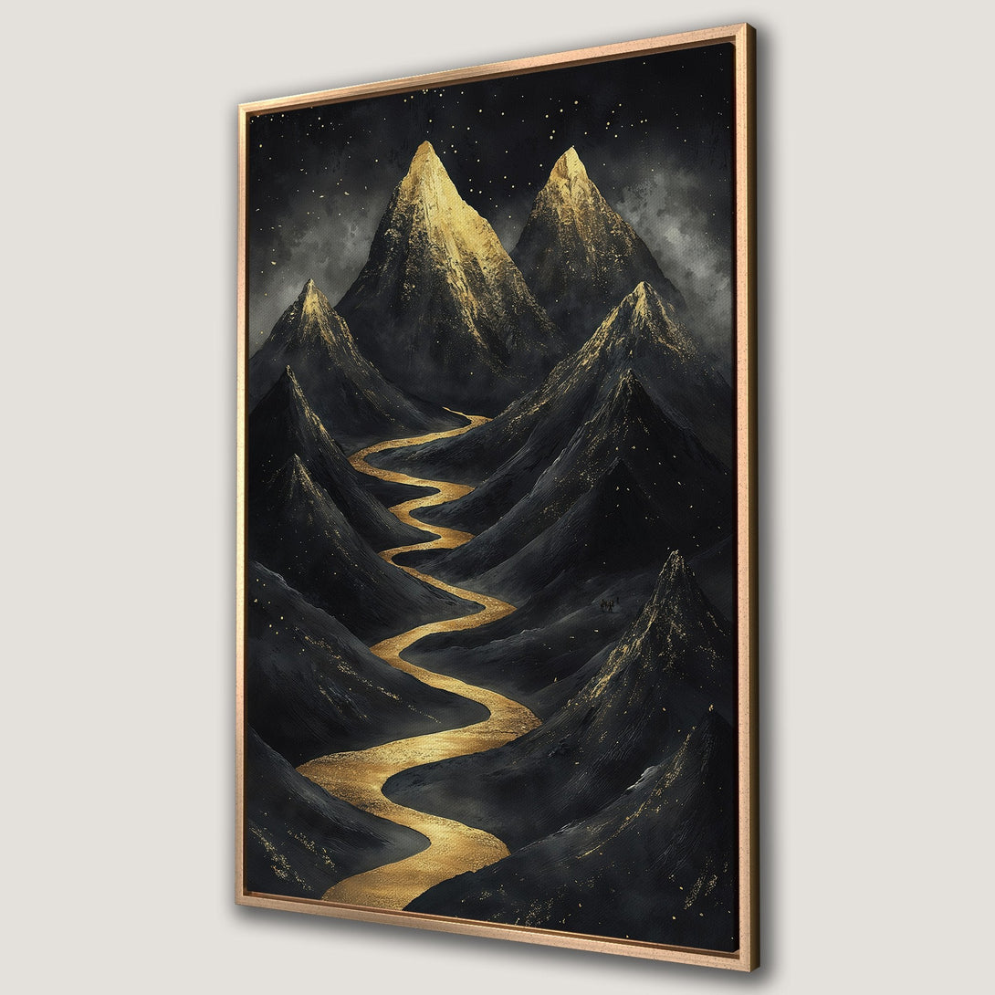 Framed Wall Art: Abstract mountain landscape in black, gold, and gray. Modern art Canvas Print adds a touch of elegance to any space.
