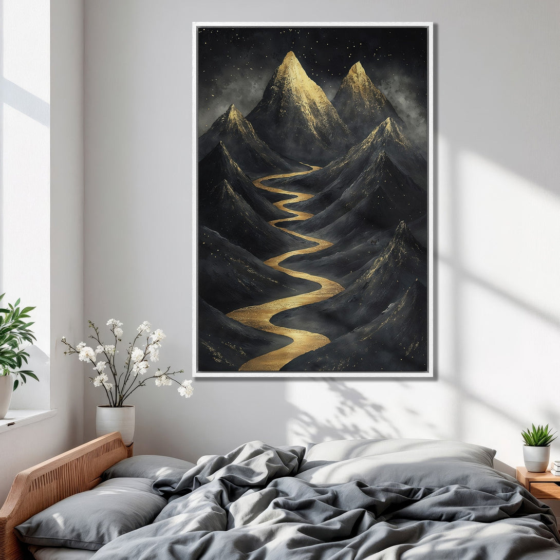 Framed Wall Art: Abstract mountain landscape in black & gold. Modern art print with a luxurious, dramatic color palette. Perfect for bedroom decor.