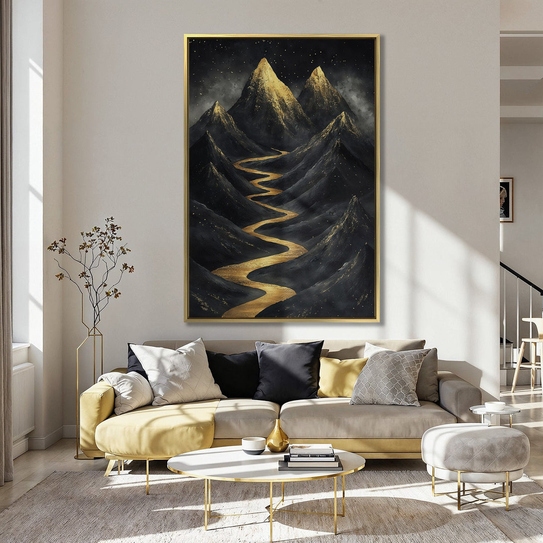Canvas Print featuring a gold river flowing through black mountains, modern art. Dramatic color palette, perfect for home decor.